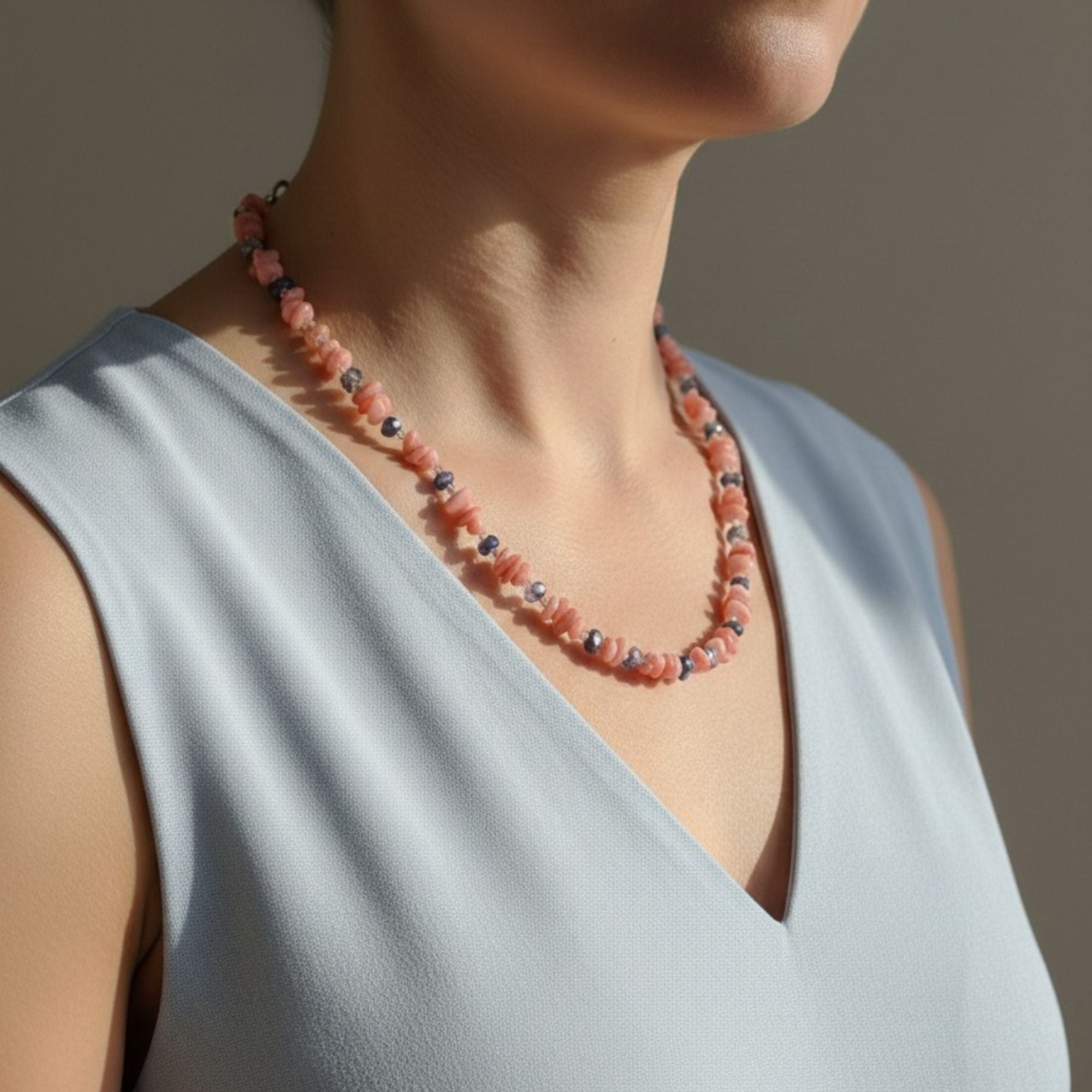 Pink & Blue Pastel Gemstone Necklace – Handmade Feminine Jewelry – Coral Blossom