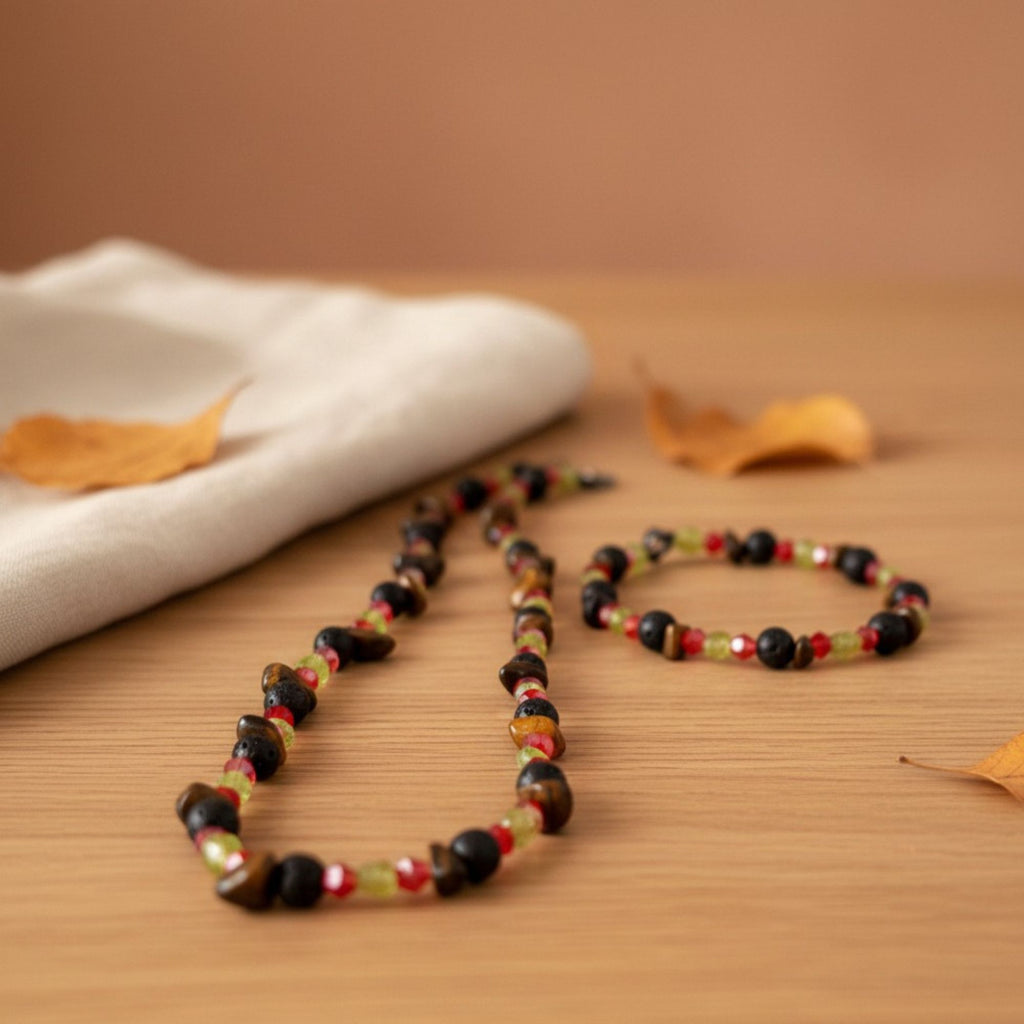 Lava Stone, Tiger's Eye & Peridot Gemstone Necklace – Unisex Handmade Jewelry – Flame of the Earth