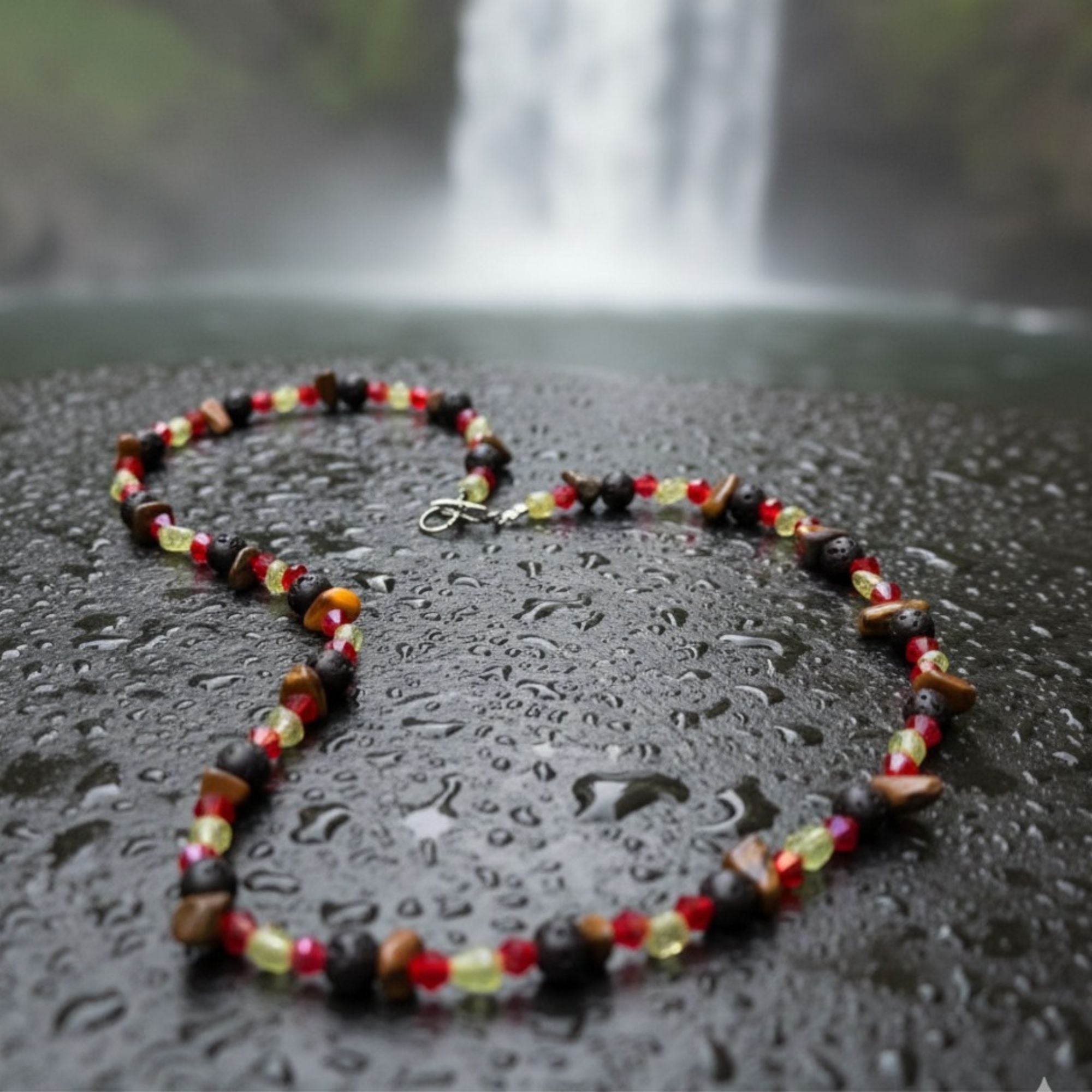 Lava Stone, Tiger's Eye & Peridot Gemstone Necklace – Unisex Handmade Jewelry – Flame of the Earth
