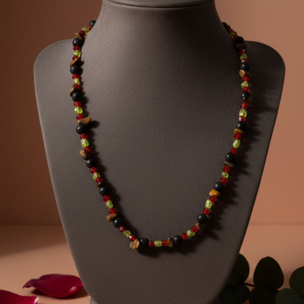 Lava Stone, Tiger's Eye & Peridot Gemstone Necklace – Unisex Handmade Jewelry – Flame of the Earth