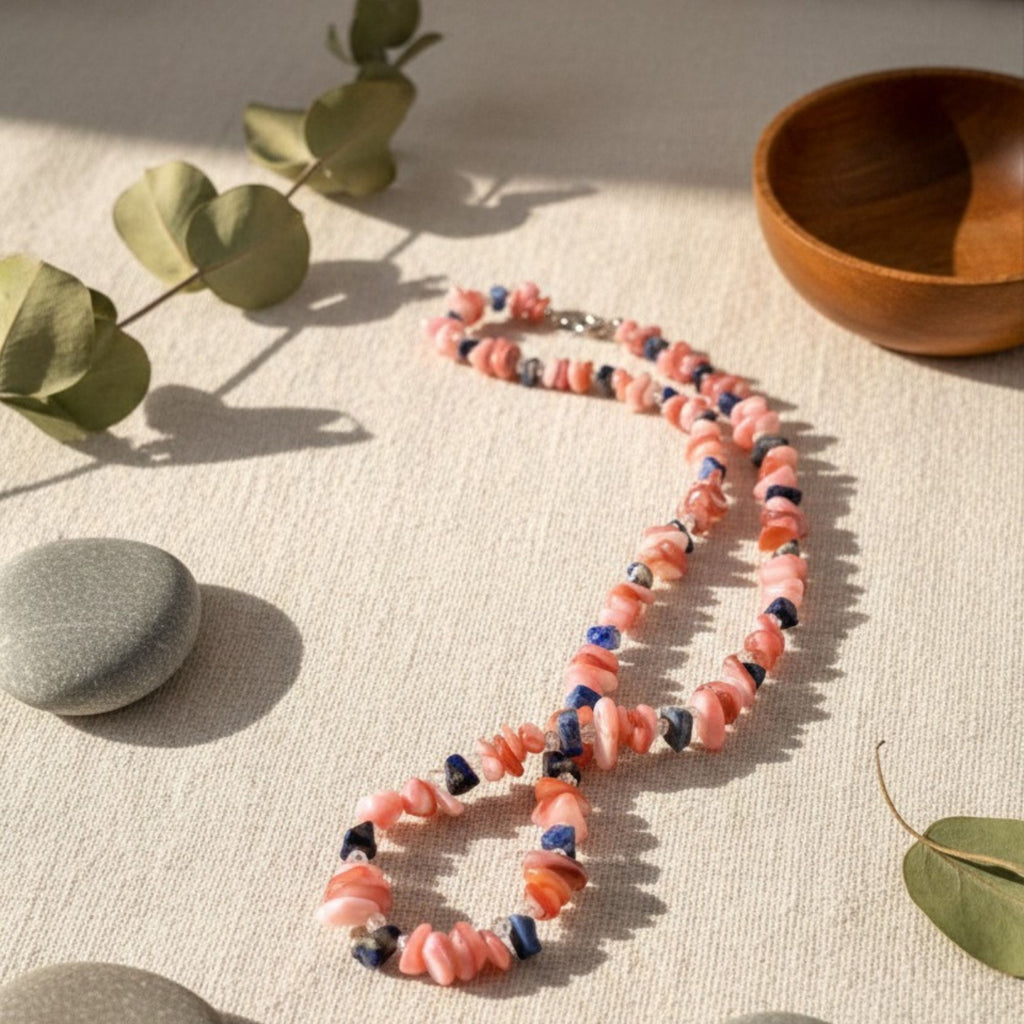 Pink & Blue Pastel Gemstone Necklace – Handmade Feminine Jewelry – Coral Blossom