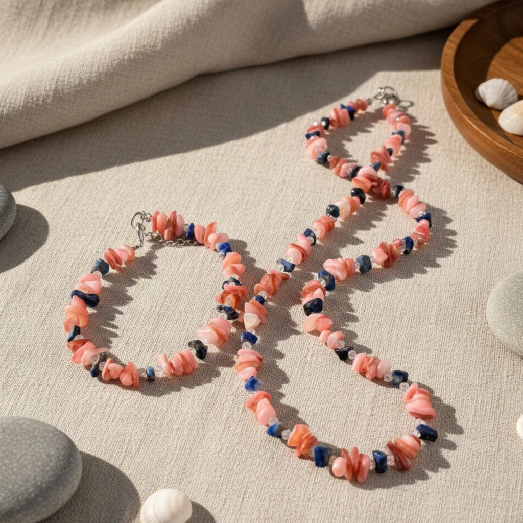 Pink & Blue Pastel Gemstone Necklace – Handmade Feminine Jewelry – Coral Blossom