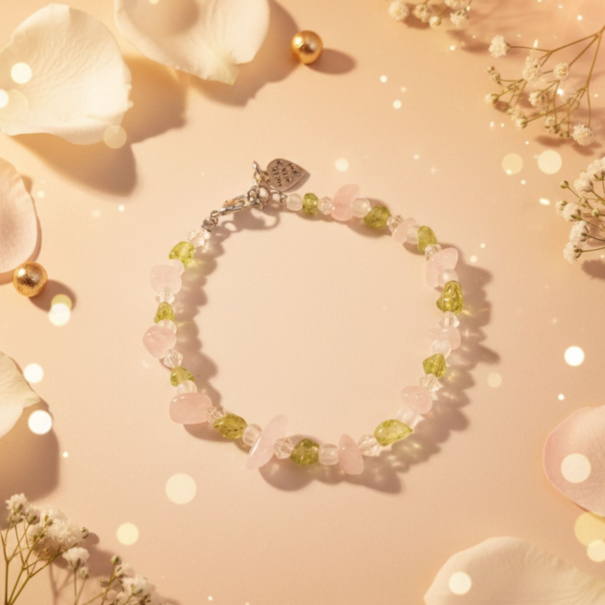 Rose Quartz & Peridot Gemstone Bracelet – Feminine Handmade Jewelry – Soul’s Blossom