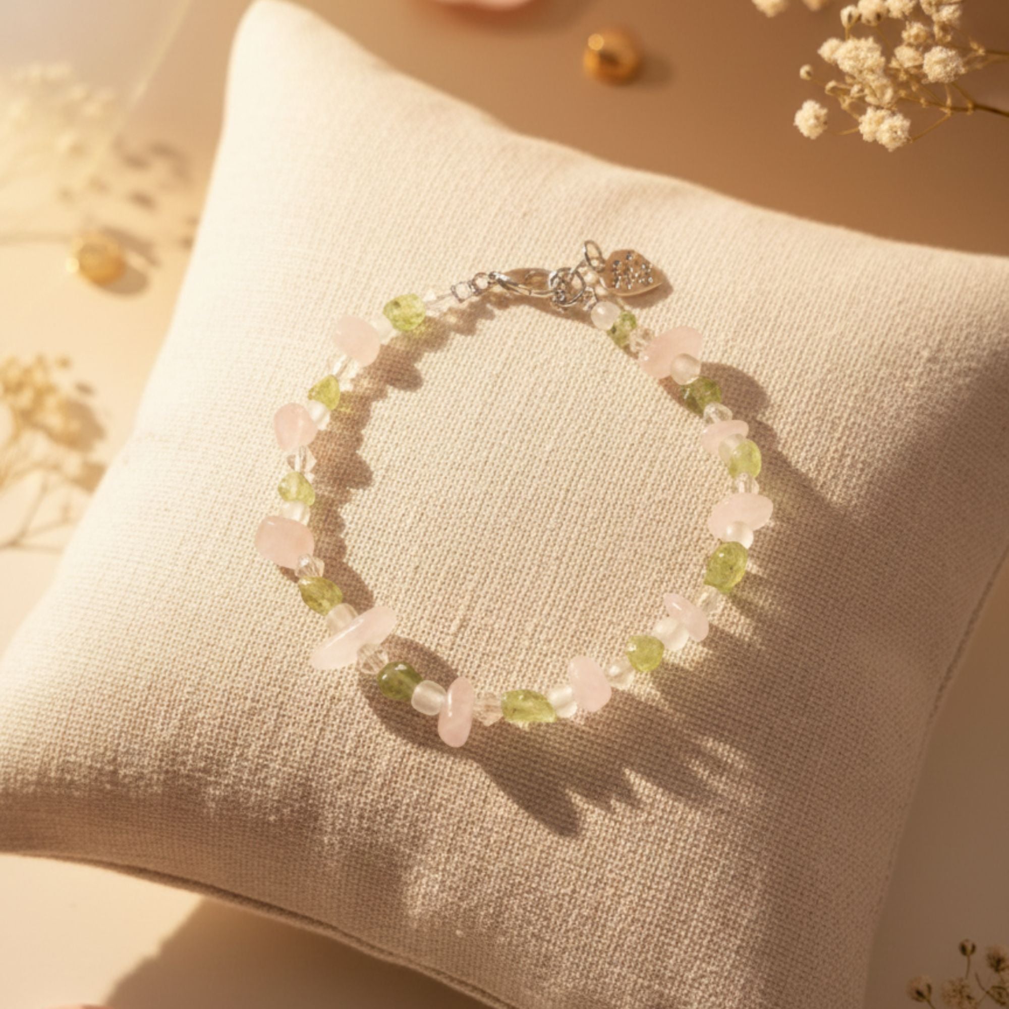 Rose Quartz & Peridot Gemstone Bracelet – Feminine Handmade Jewelry – Soul’s Blossom