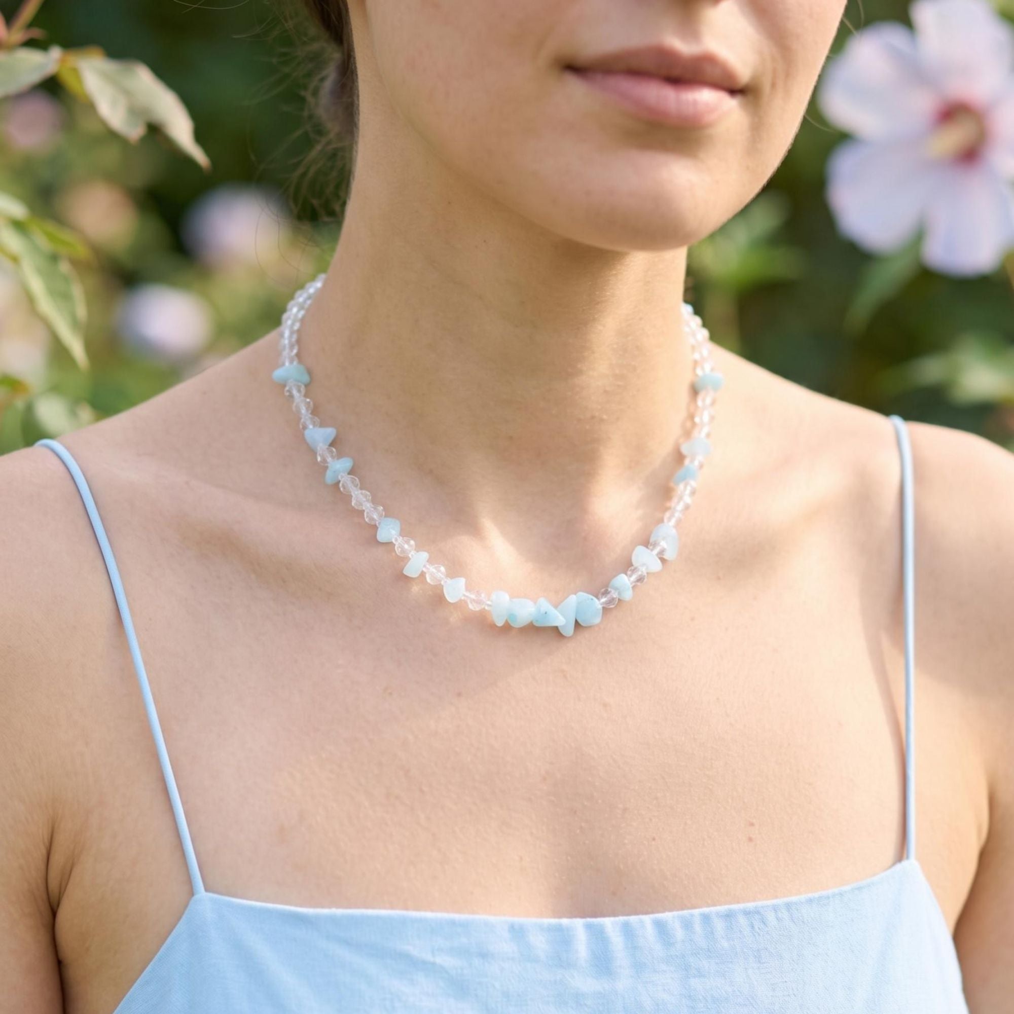 Blue Stone Necklace – Minimalist Aquamarine Style Handmade Jewelry for Women – Aqualis