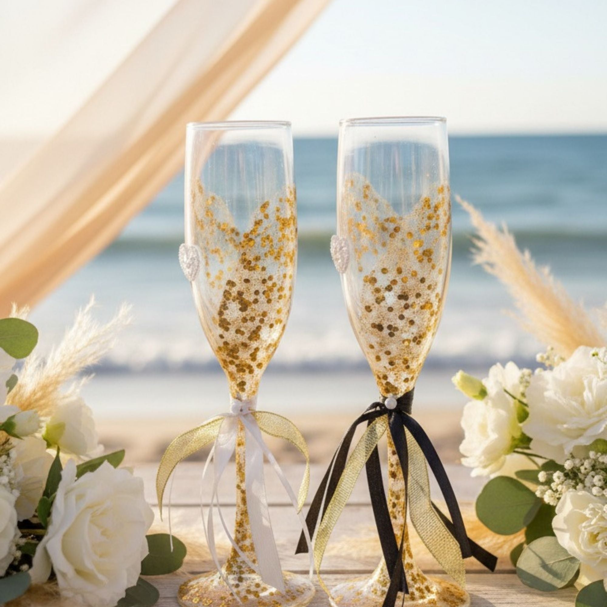 Gold Wedding Champagne Glasses with Golden Details & Satin Ribbons – Handmade Bridal Toast Set – Golden Celebration