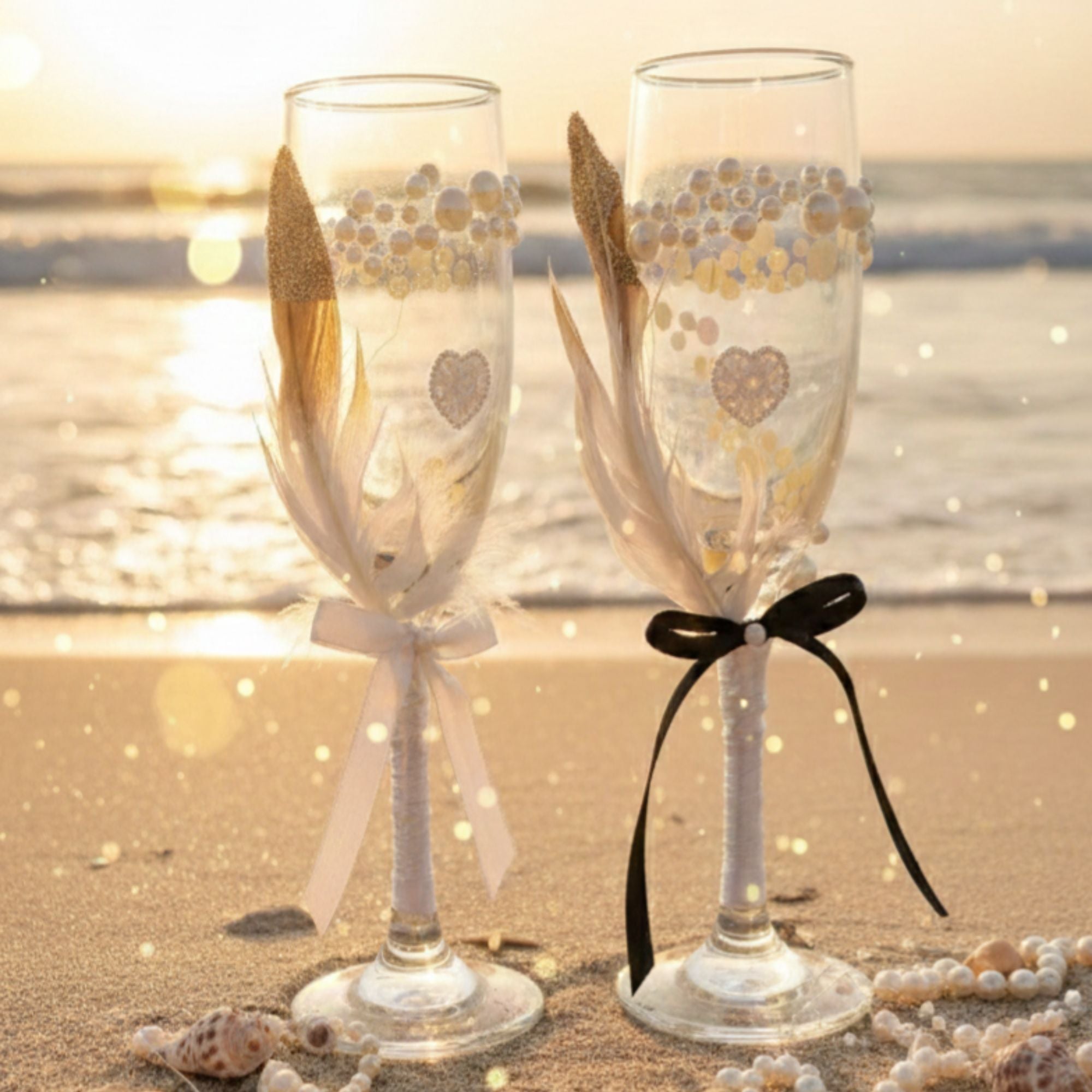 Wedding Champagne Glasses with Pearls, Ribbons & Heart Detail – Handmade Romantic Bridal Toast Set – Love Sparkle