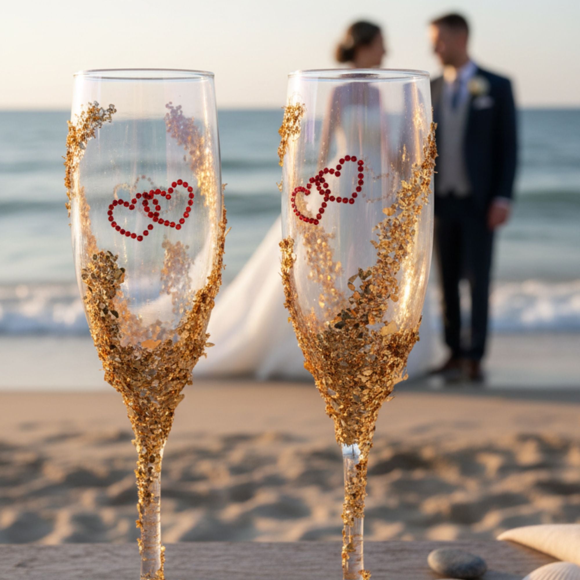 Wedding Champagne Glasses with Red Hearts & Golden Details – Handmade Romantic Bridal Toast Set – Heart of Gold