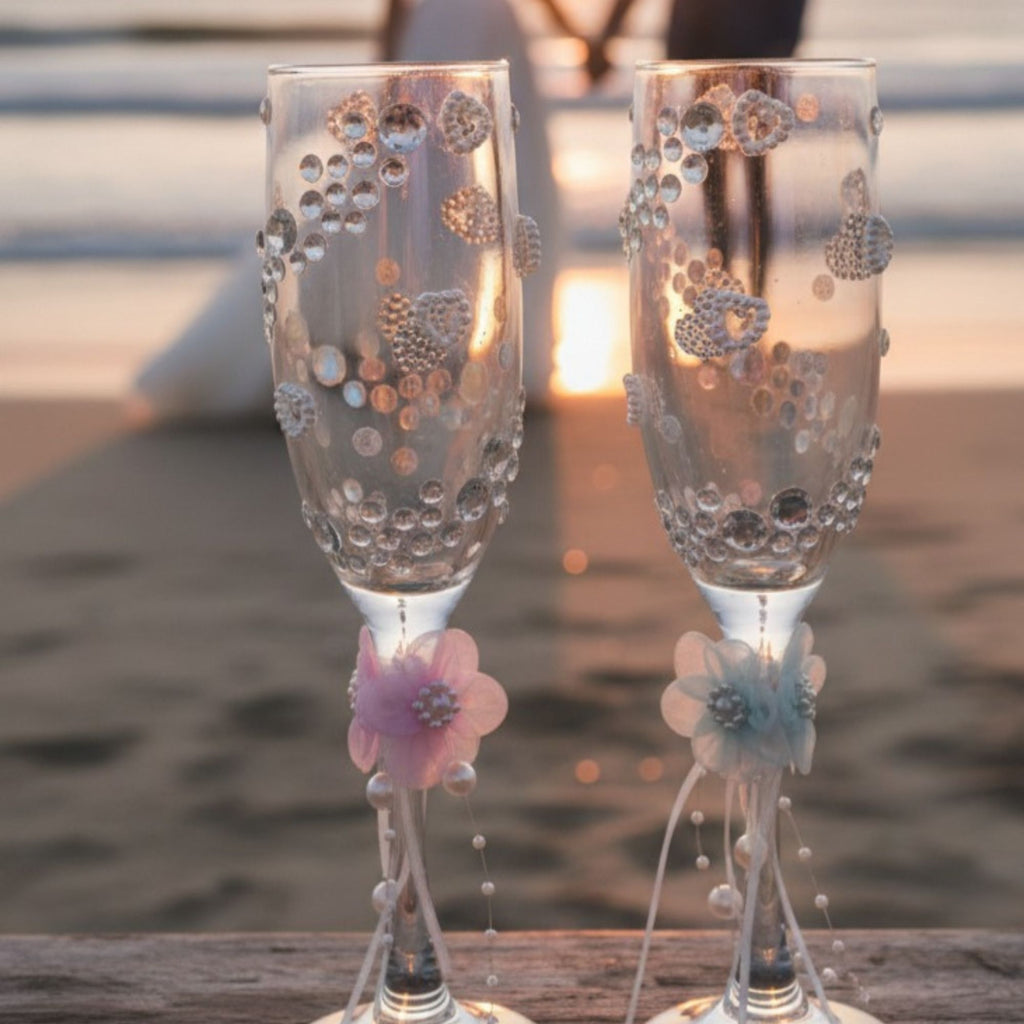 Wedding Champagne Glasses with Rhinestones, Pearls & Floral Details – Handmade Romantic Bridal Toast Set – Nova Petal