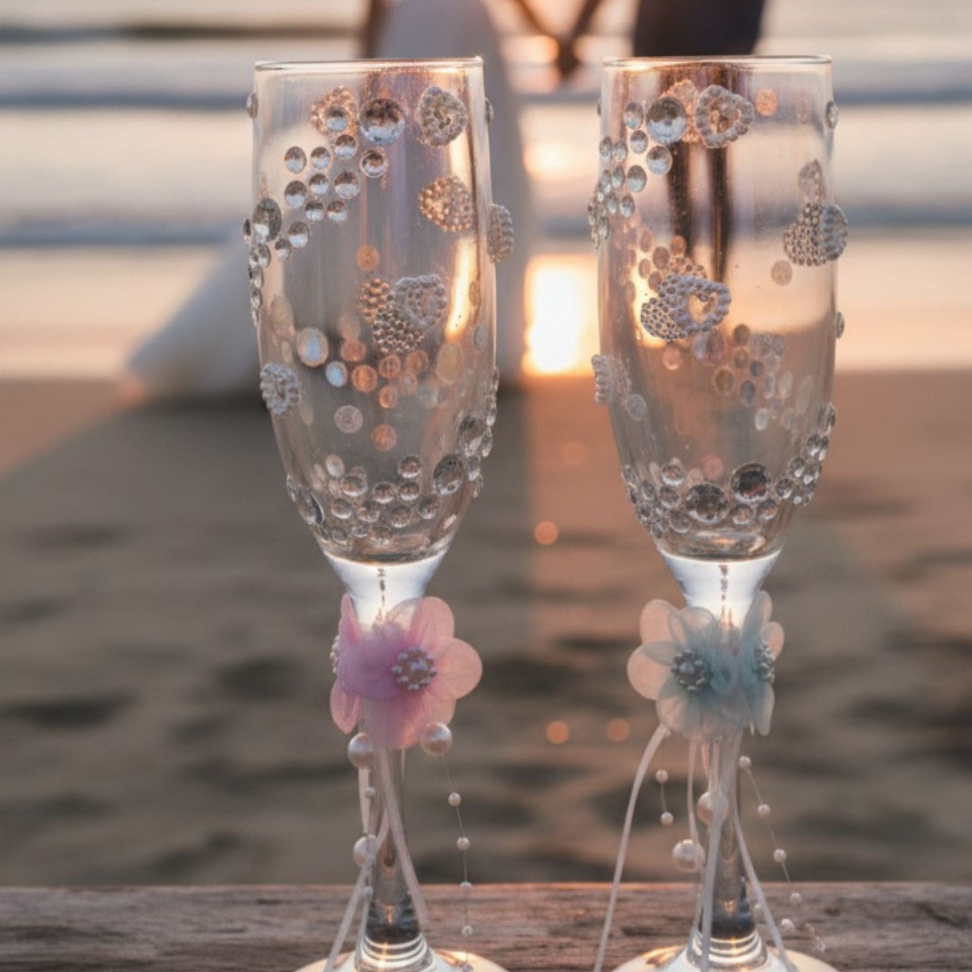 Wedding Champagne Glasses with Rhinestones, Pearls & Floral Details – Handmade Romantic Bridal Toast Set – Nova Petal