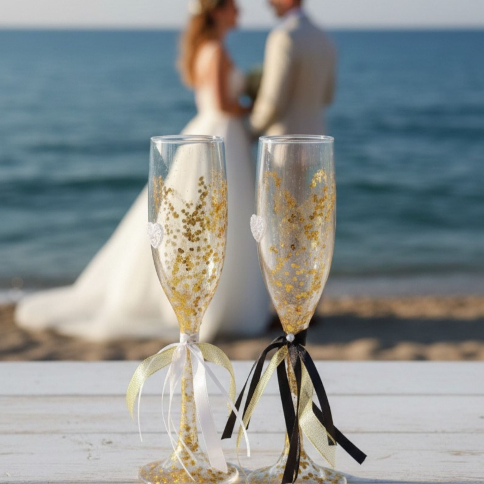 Gold Wedding Champagne Glasses with Golden Details & Satin Ribbons – Handmade Bridal Toast Set – Golden Celebration