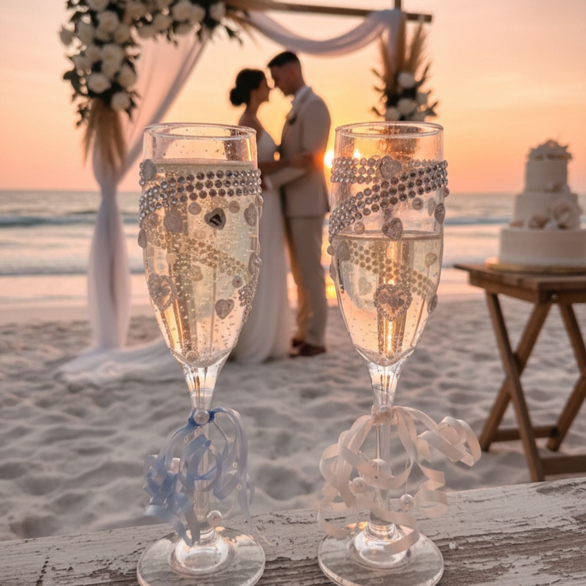 Wedding Champagne Glasses with Sparkling Stones, Pearls & Satin Ribbons – Handmade Romantic Bridal Toast Set – Frosted Hearts