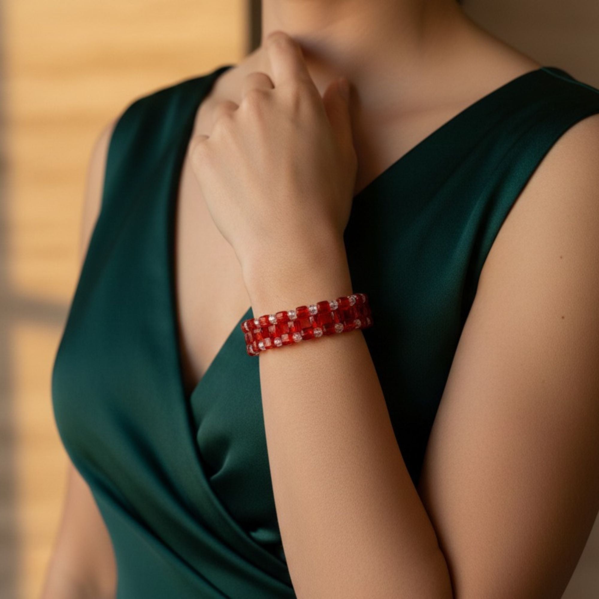 Red Glass Bead Bracelet with Crystal Accents – Bellatrix