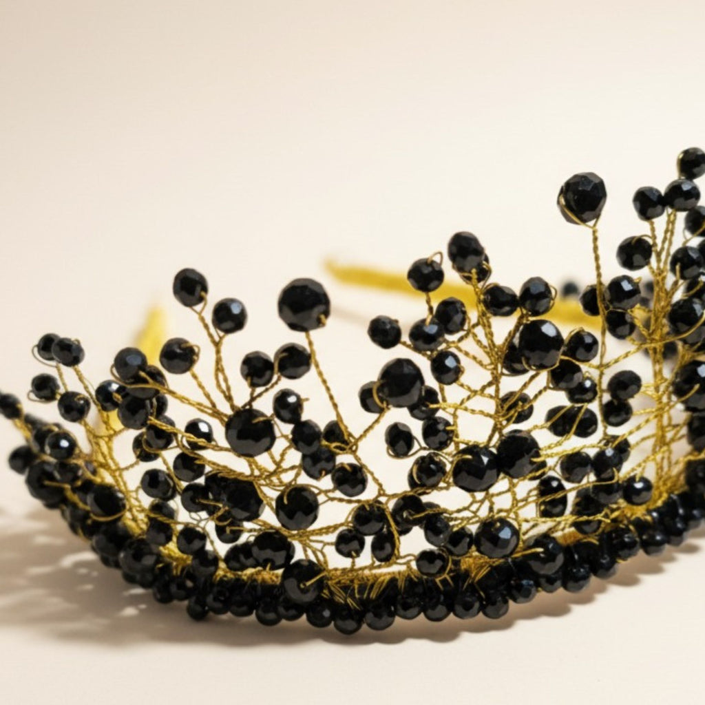 Black Crystal Statement Crown – Handmade Dark Elegant Hair Accessory – Black Majesty
