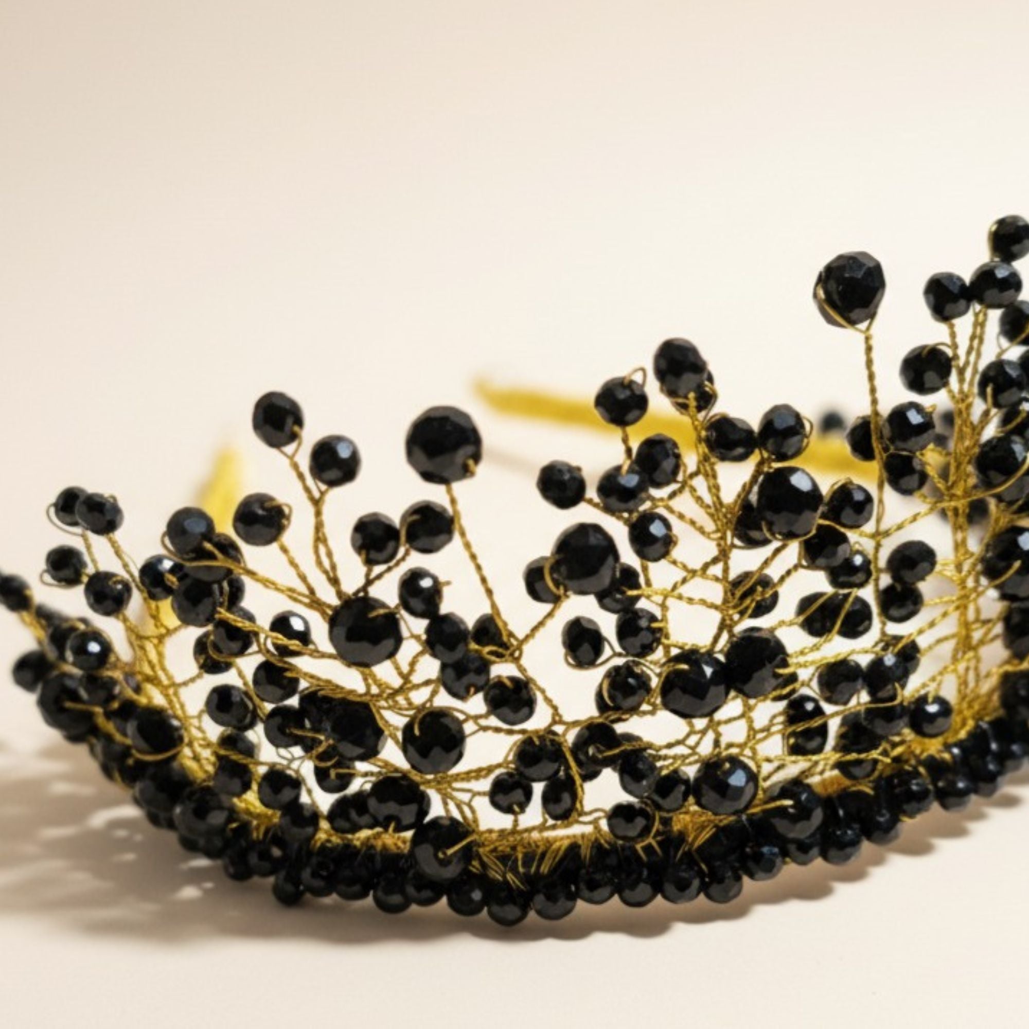 Black Crystal Statement Crown – Handmade Dark Elegant Hair Accessory – Black Majesty