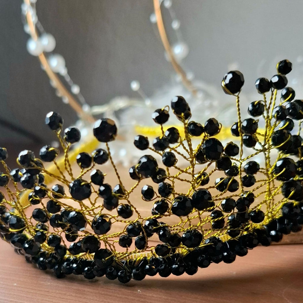 Black Crystal Statement Crown – Handmade Dark Elegant Hair Accessory – Black Majesty