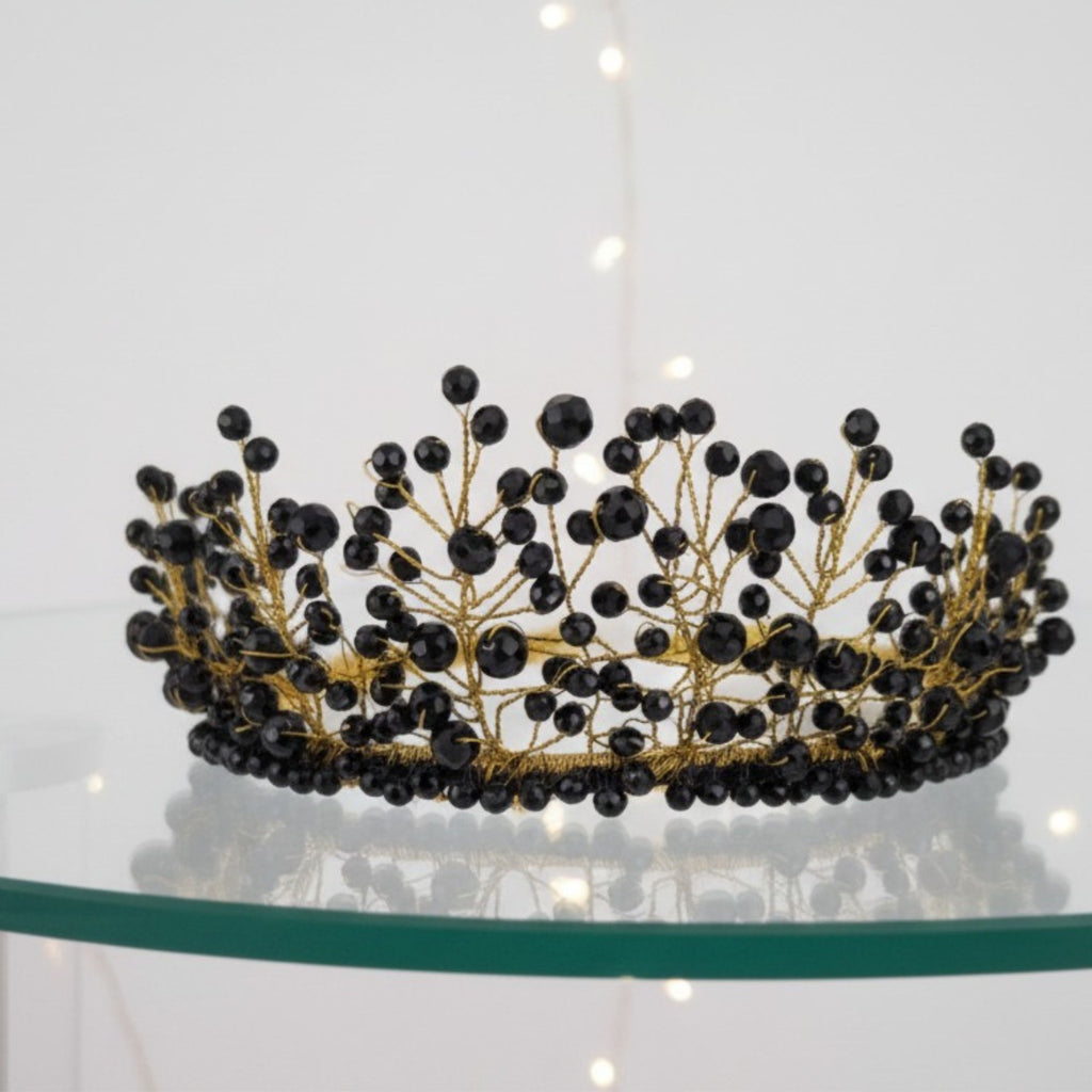 Black Crystal Statement Crown – Handmade Dark Elegant Hair Accessory – Black Majesty