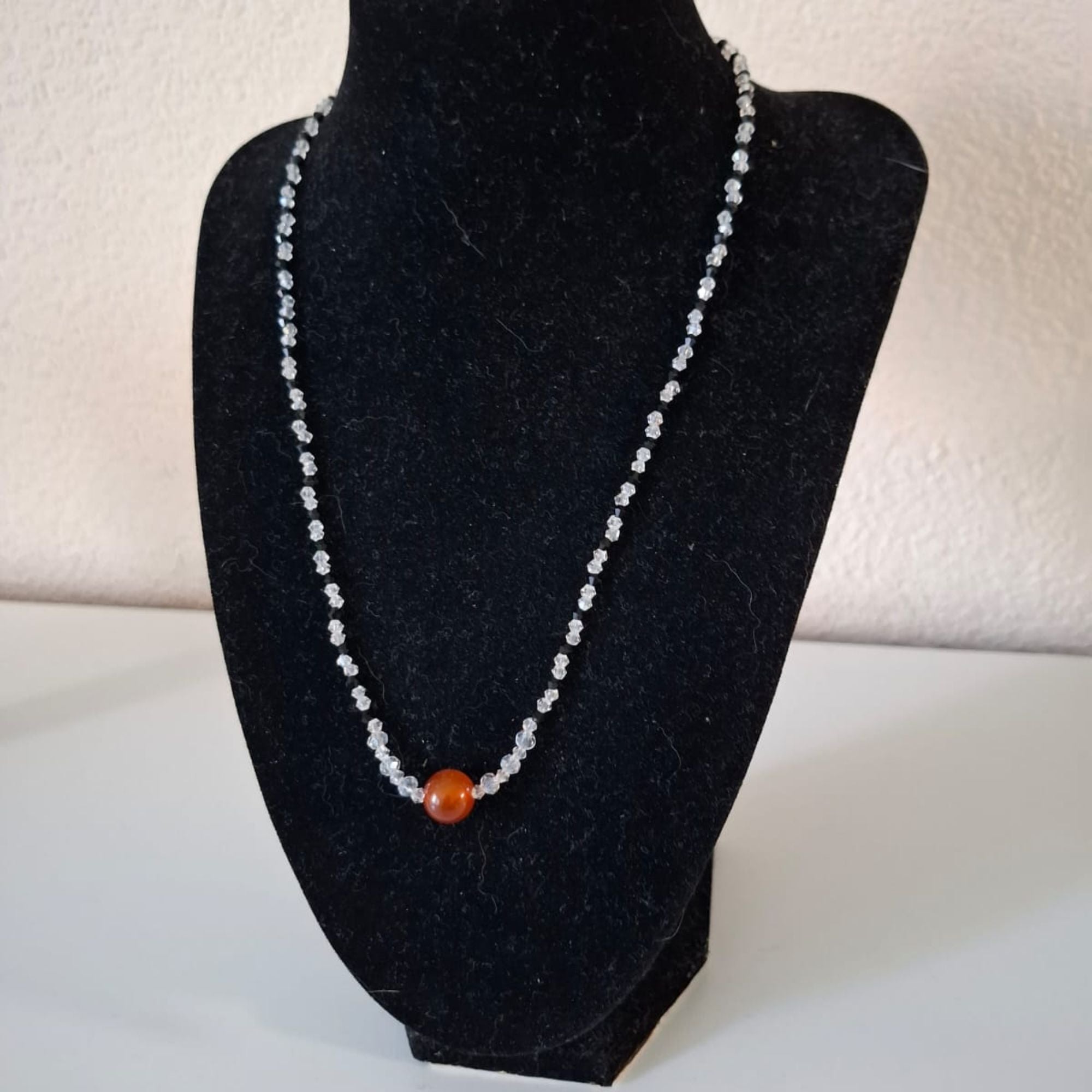 Black Glass Bead Necklace with Carnelian – Elegant Minimalist Handmade Jewelry – Arctarus