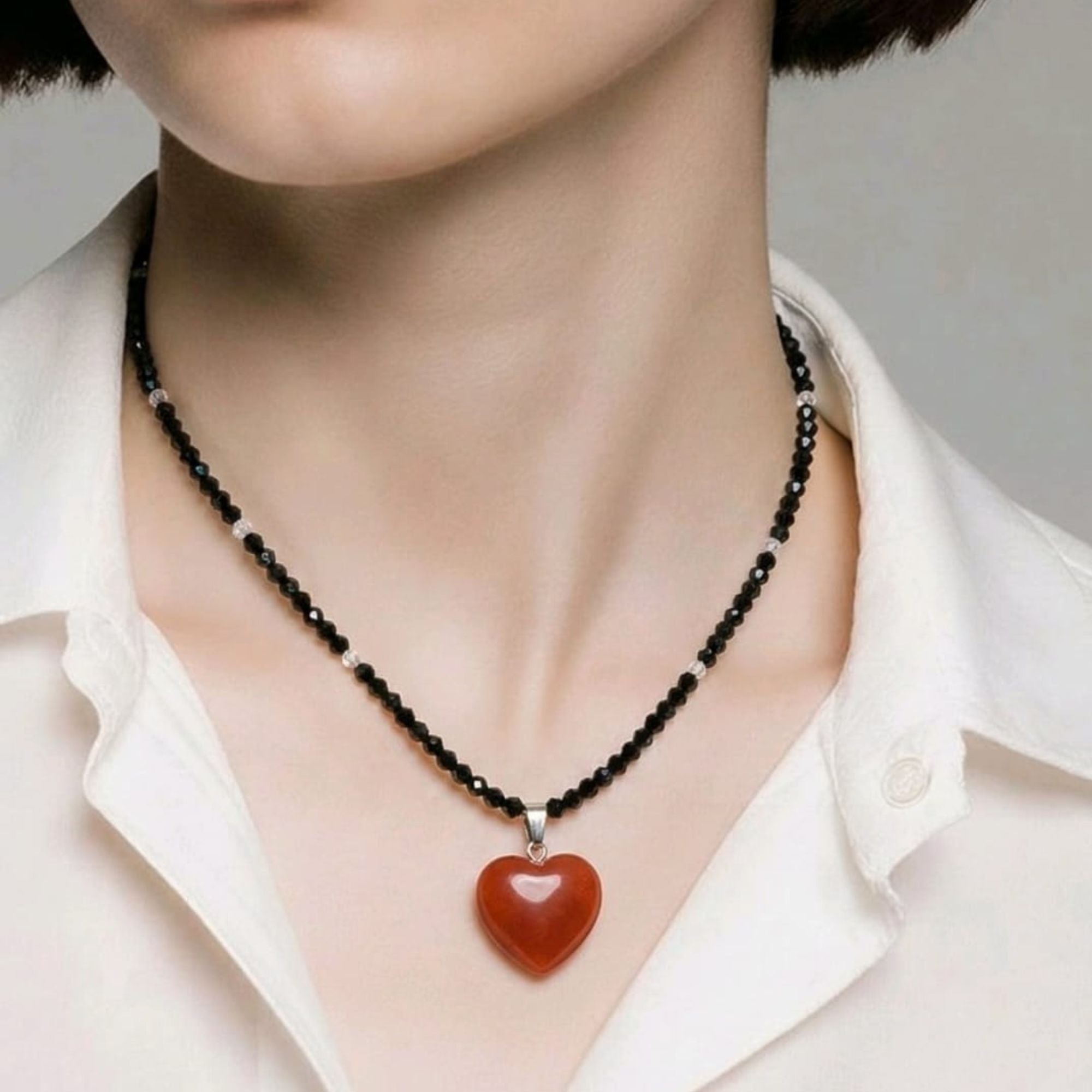 Black Beaded Necklace with Red Jasper Heart – Handmade Minimalist Jewelry – Sirius