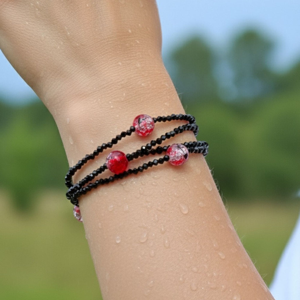 Three Strand Black Crystal & Red Crackle Bracelet – Black & Bold