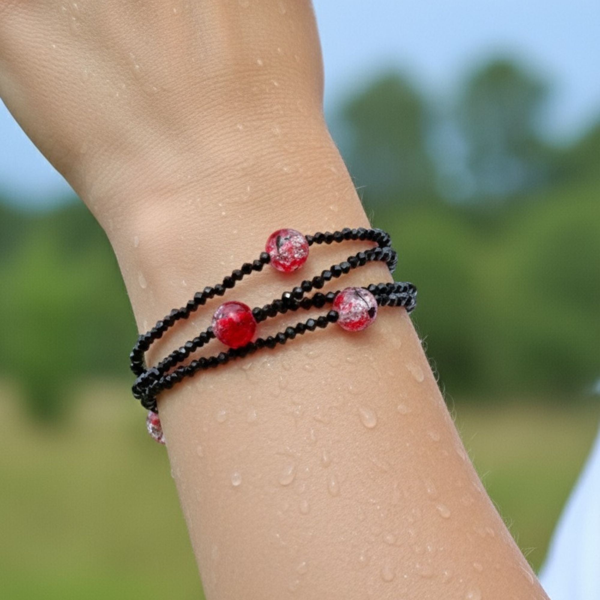 Three Strand Black Crystal & Red Crackle Bracelet – Black & Bold