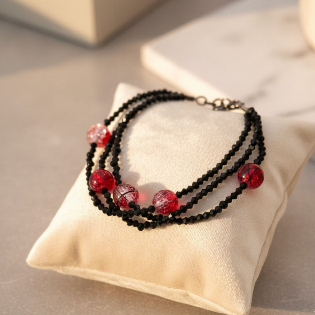 Three Strand Black Crystal & Red Crackle Bracelet – Black & Bold