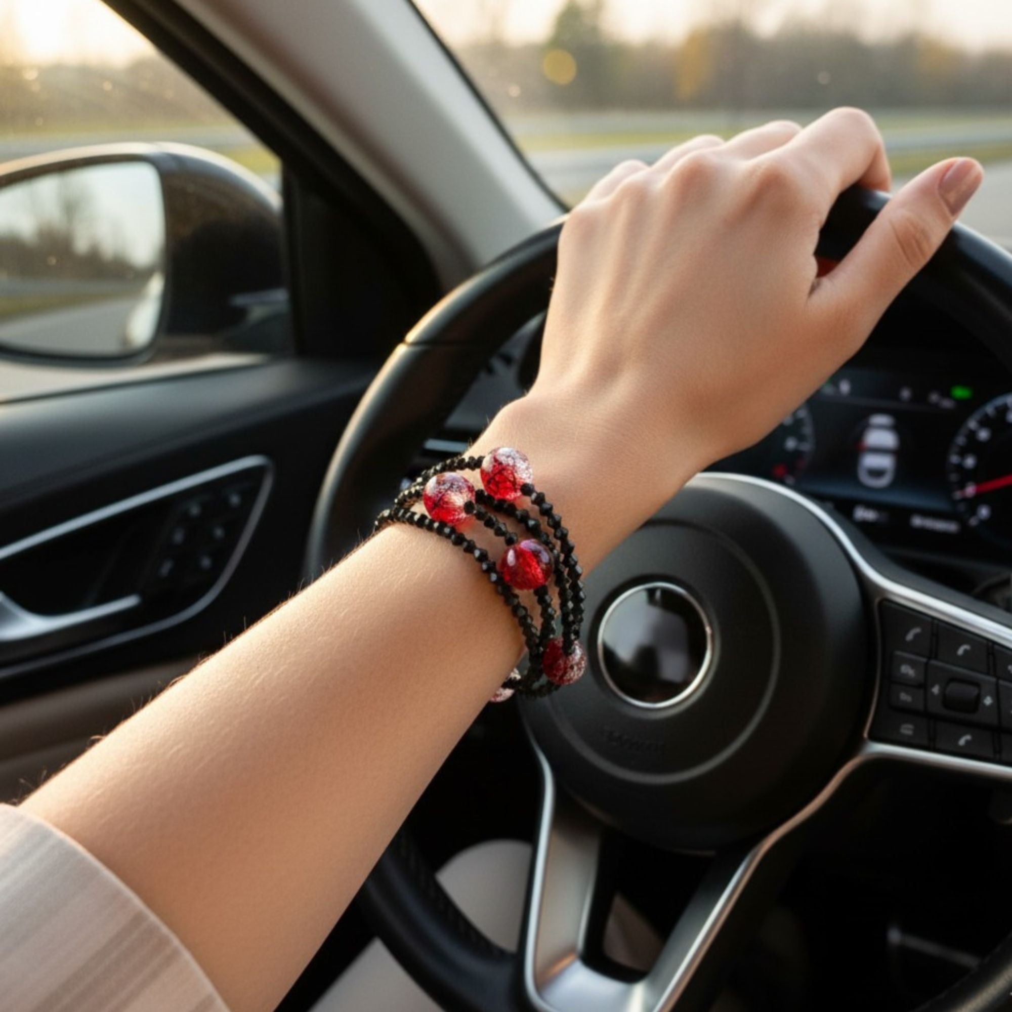 Three Strand Black Crystal & Red Crackle Bracelet – Black & Bold