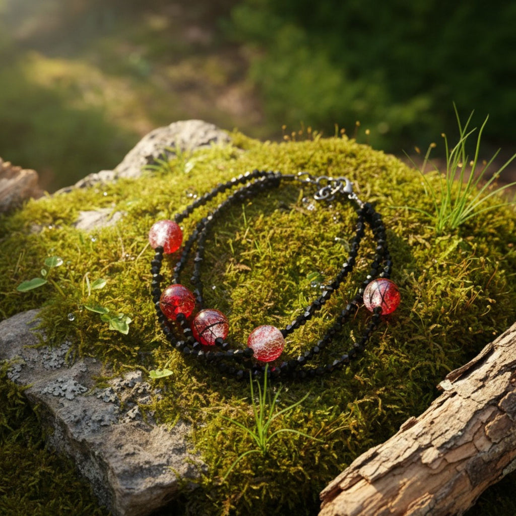 Three Strand Black Crystal & Red Crackle Bracelet – Black & Bold