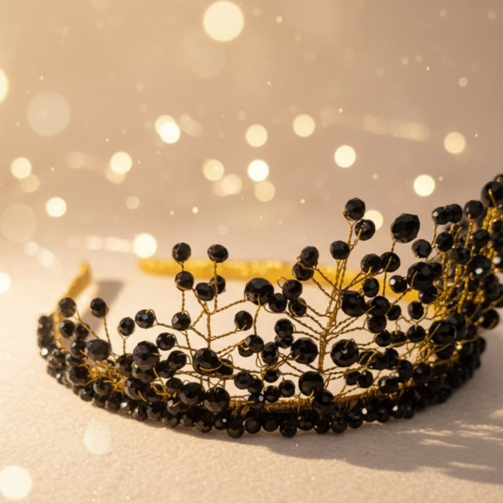 Black Crystal Statement Crown – Handmade Dark Elegant Hair Accessory – Black Majesty