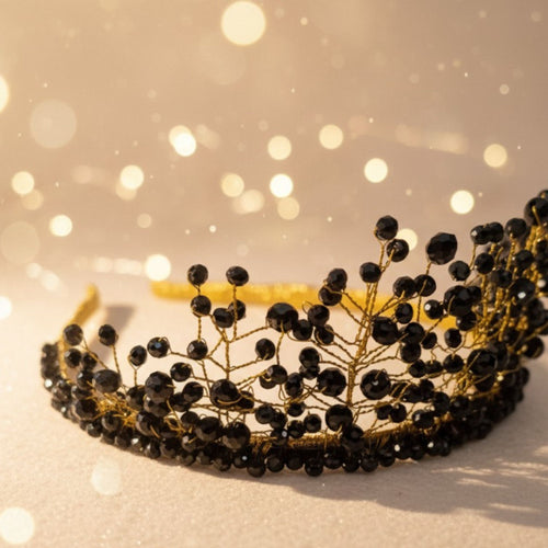 Black Crystal Statement Crown – Handmade Dark Elegant Hair Accessory – Black Majesty