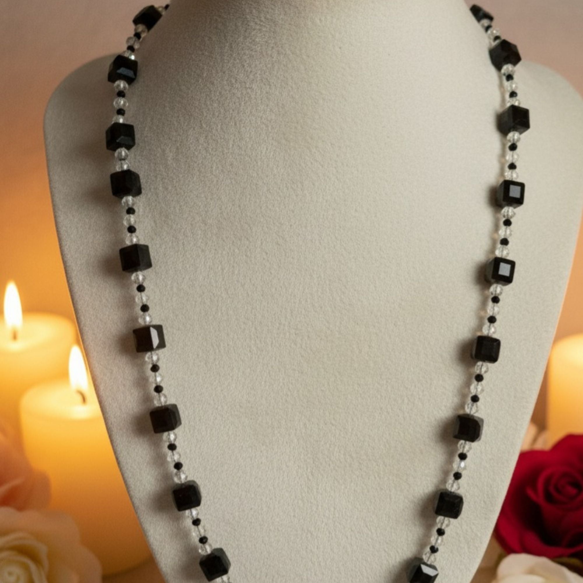 Black Cube Bead Necklace with Crystal Accents – Black Ice