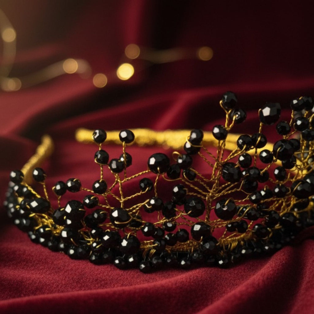 Black Crystal Statement Crown – Handmade Dark Elegant Hair Accessory – Black Majesty