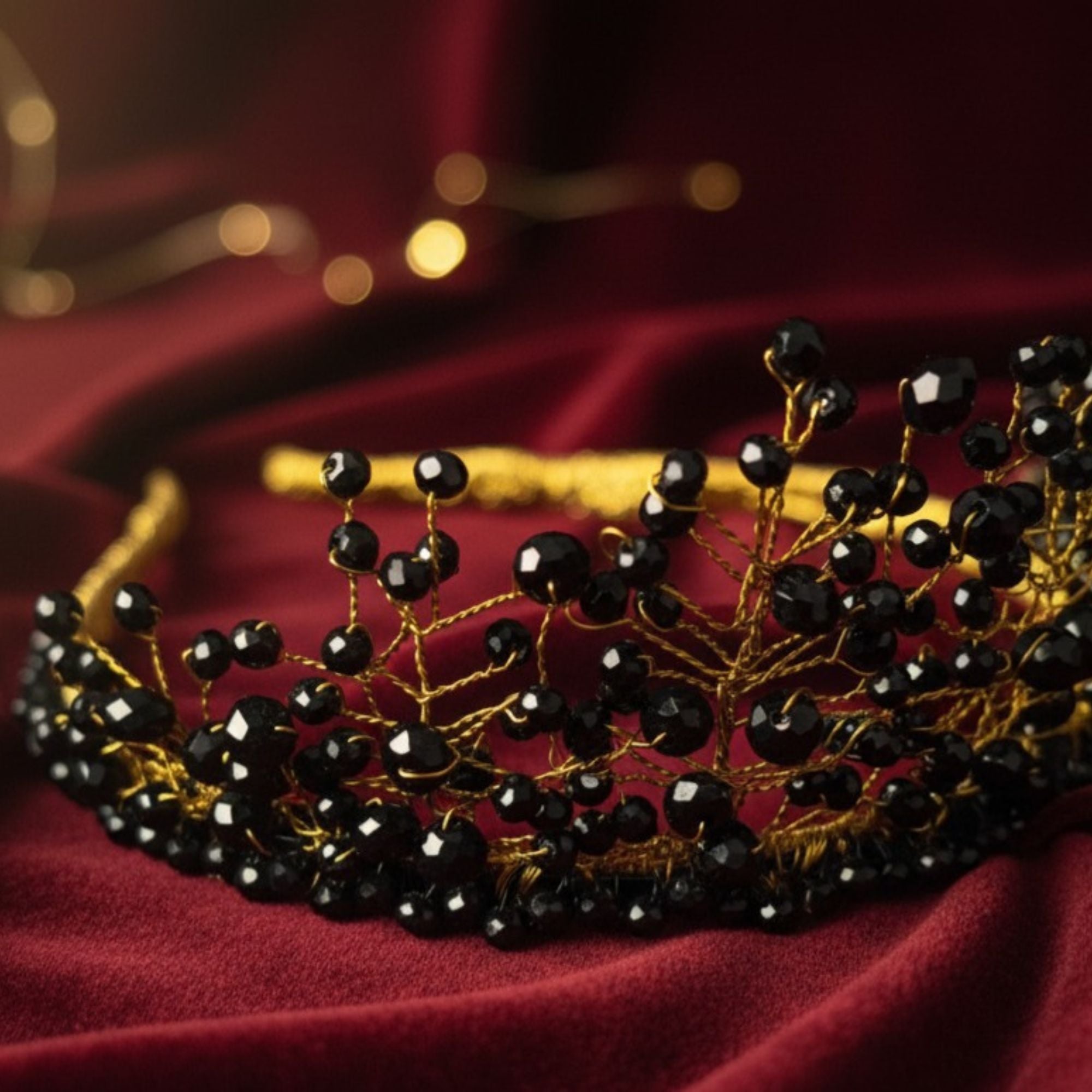 Black Crystal Statement Crown – Handmade Dark Elegant Hair Accessory – Black Majesty