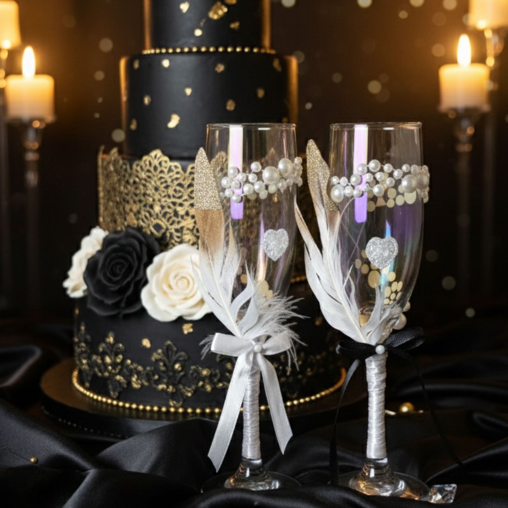Wedding Champagne Glasses with Pearls, Ribbons & Heart Detail – Handmade Romantic Bridal Toast Set – Love Sparkle