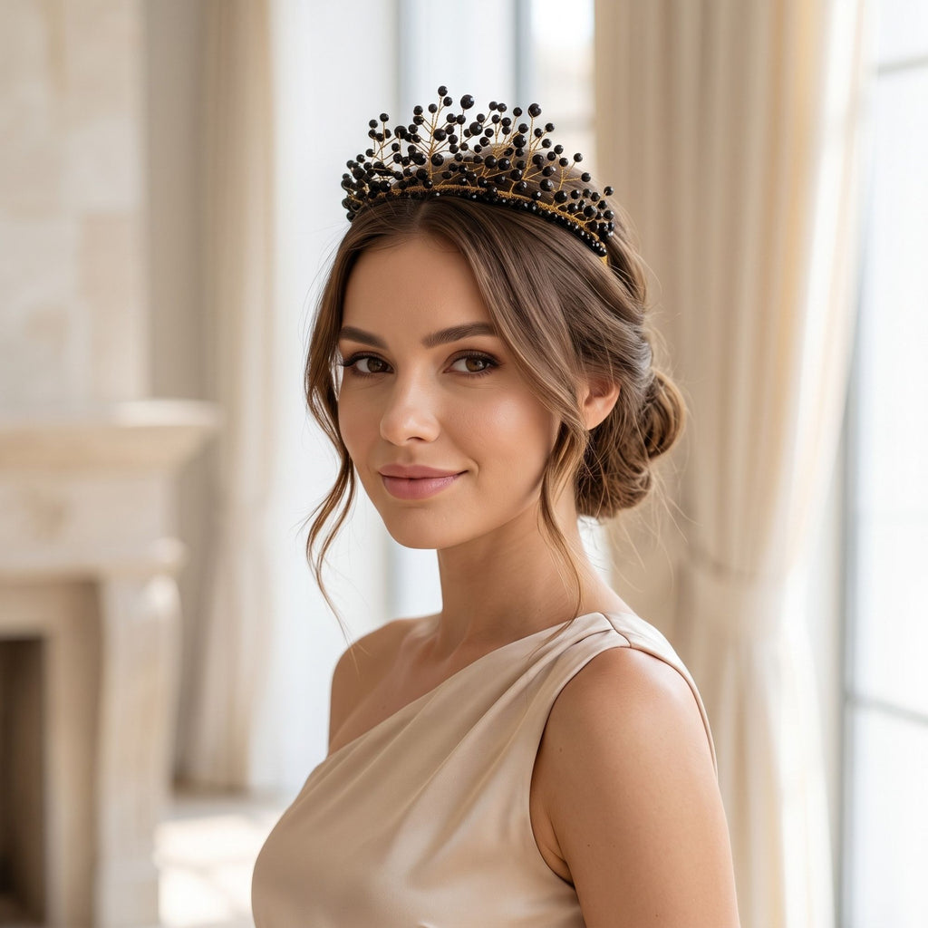 Woman wearing the handmade Black Majesty crown with black faceted beads and gold wire branches, styled with an elegant ivory dress.