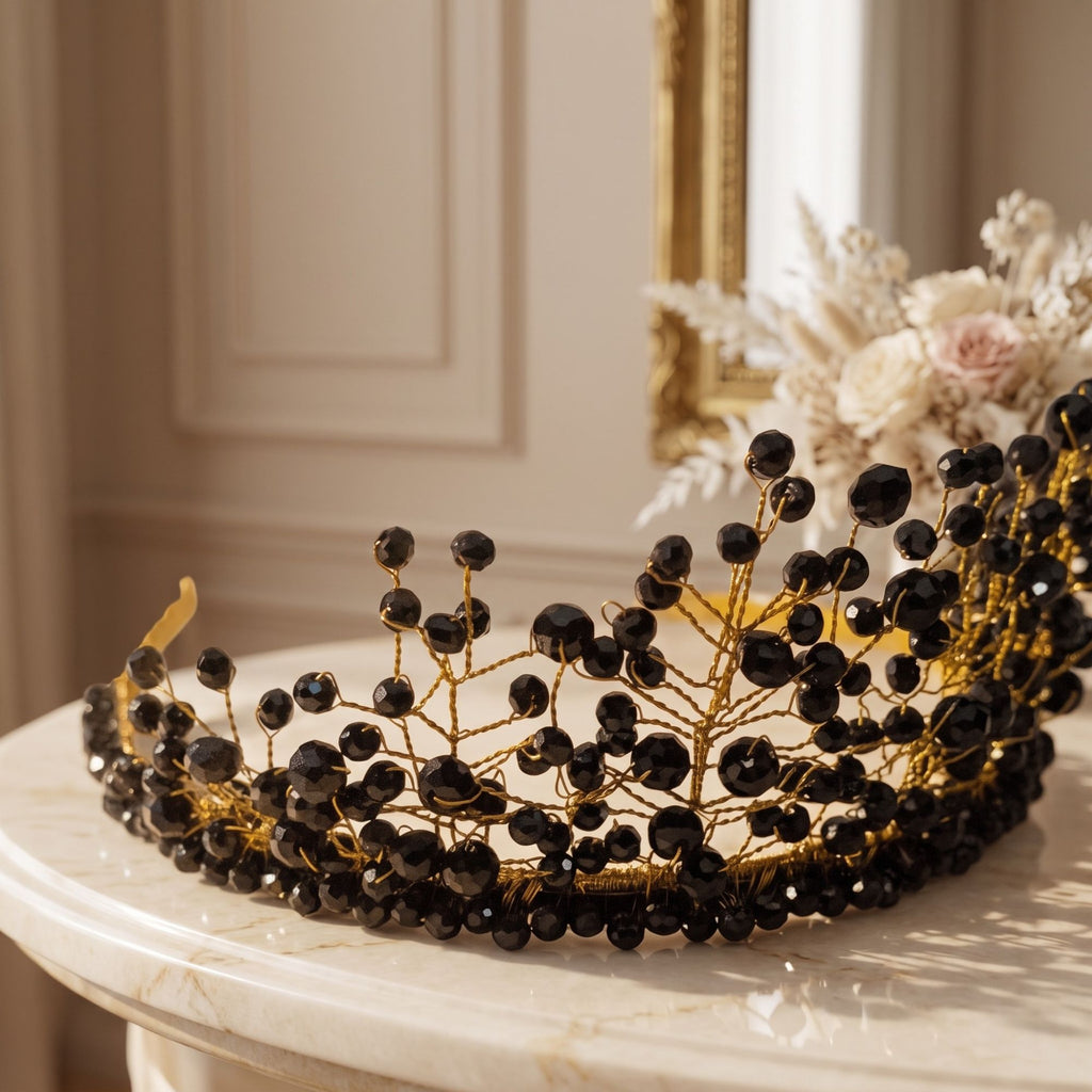 Handmade Black Majesty crown with black faceted beads and gold wire branches, displayed on an elegant marble table with soft floral decor.