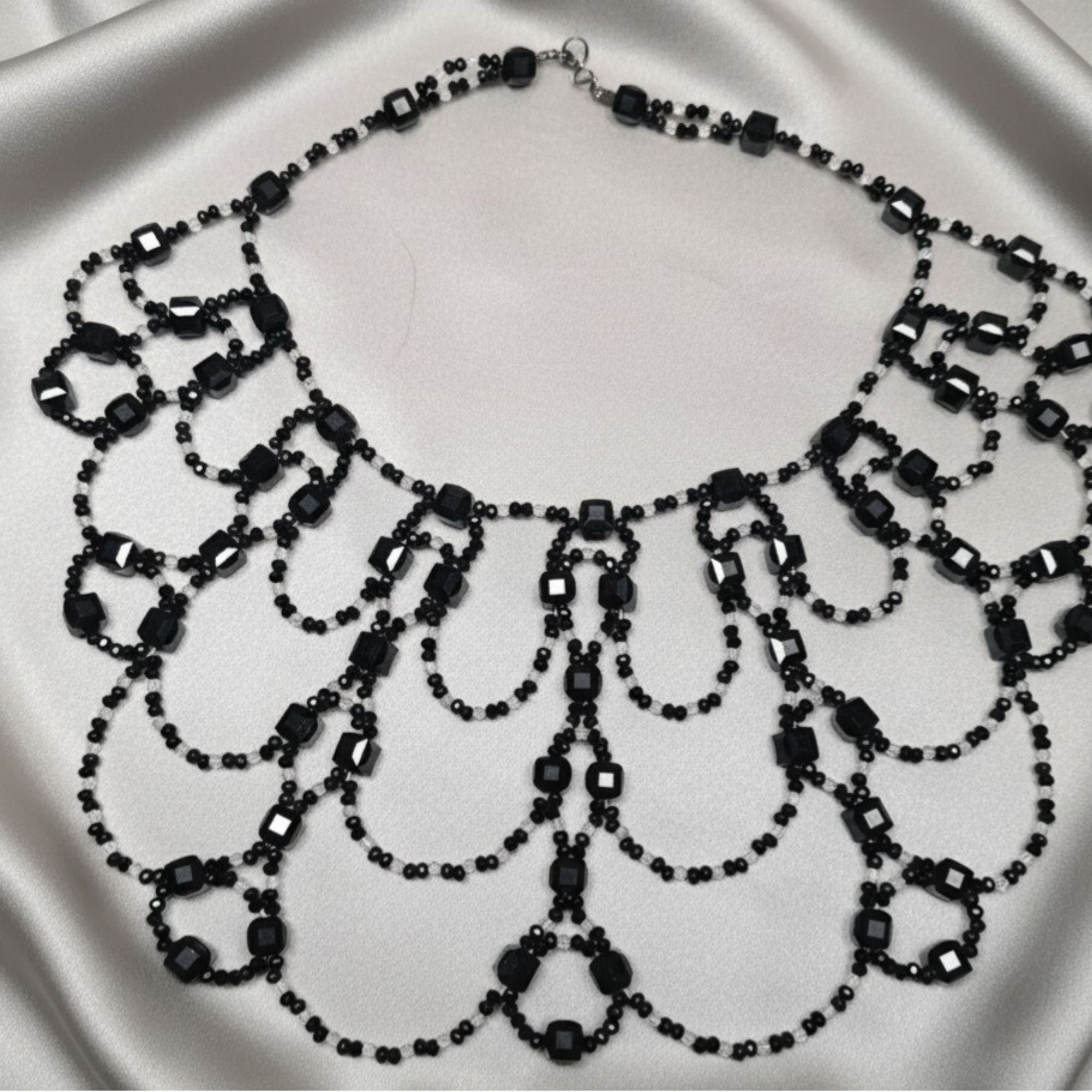 Black Multi-Strand Statement Necklace with Glass Beads – Black Royal