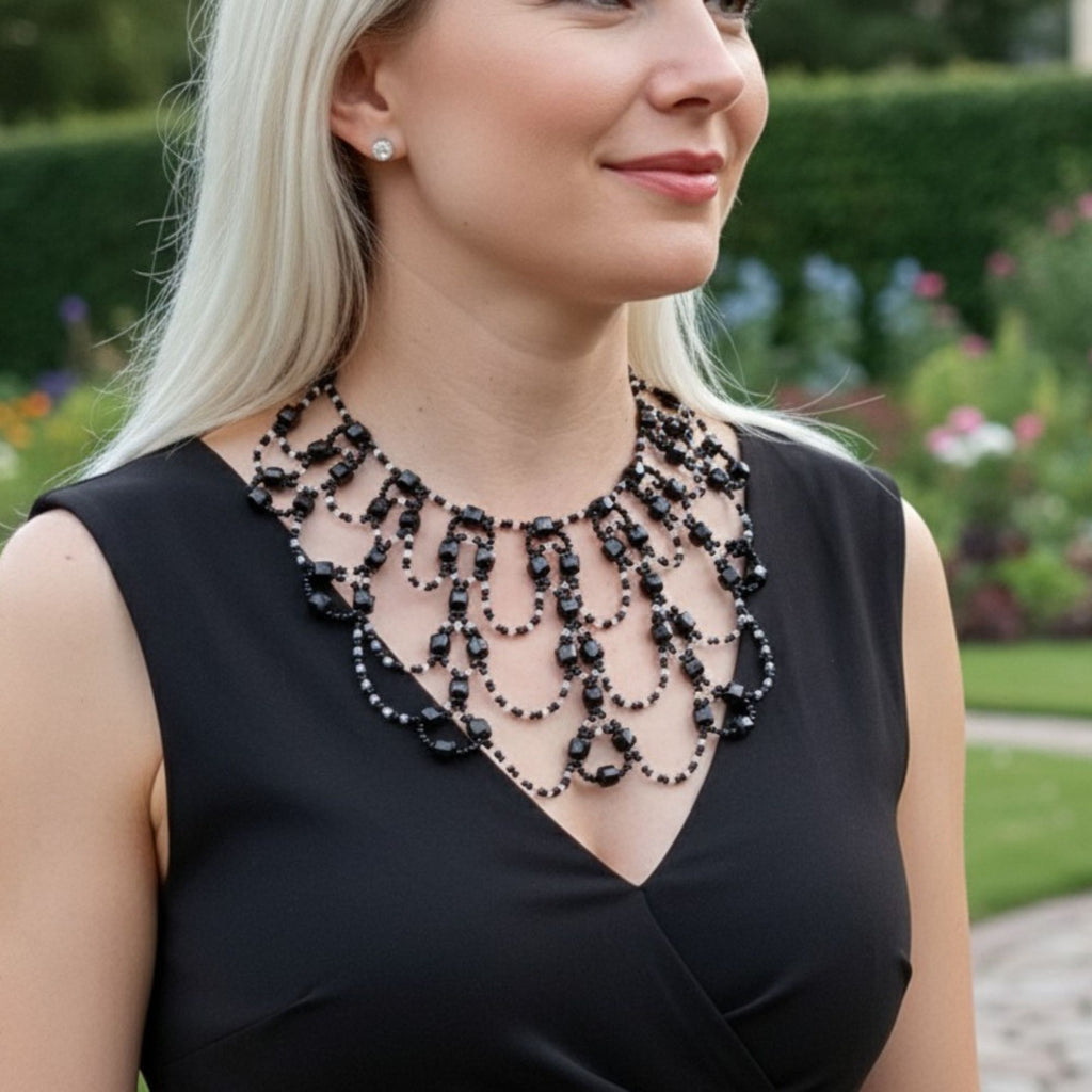 Black Multi-Strand Statement Necklace with Glass Beads – Black Royal
