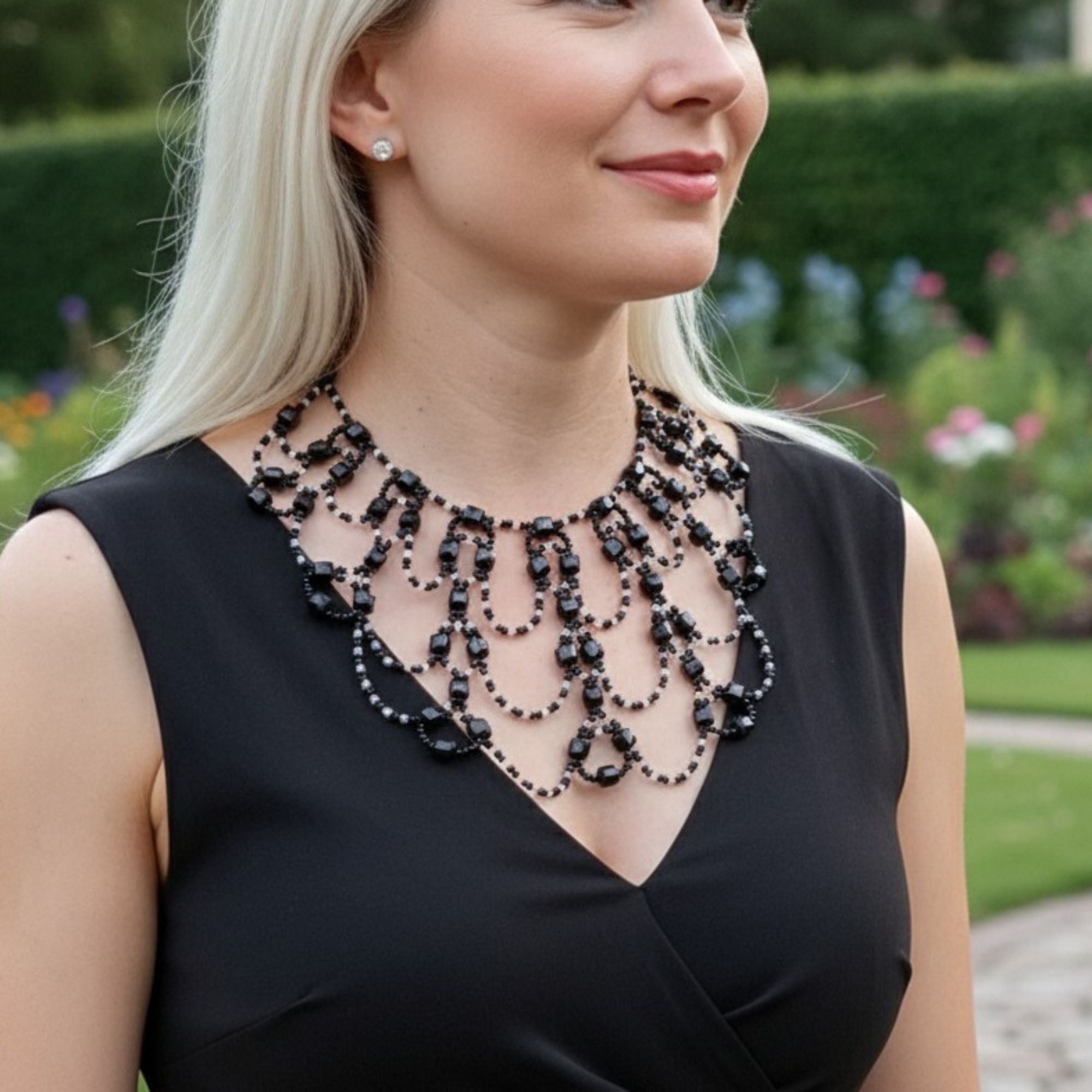 Black Multi-Strand Statement Necklace with Glass Beads – Black Royal