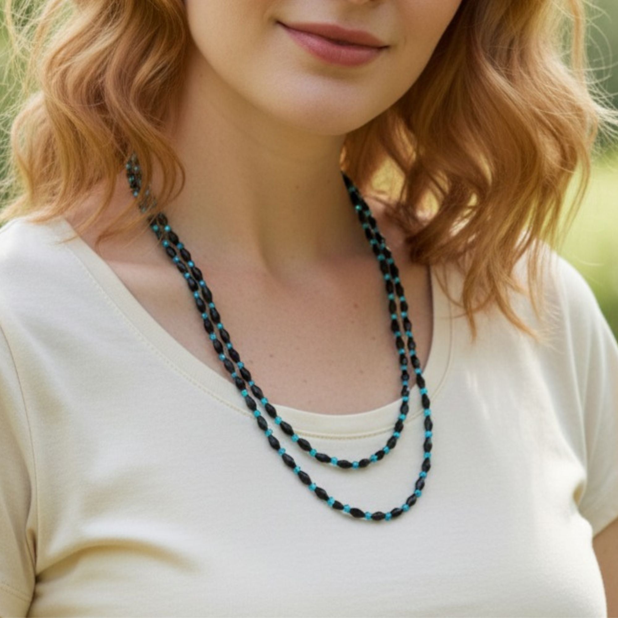 Long Black & Turquoise Glass Bead Necklace – Ocean Light
