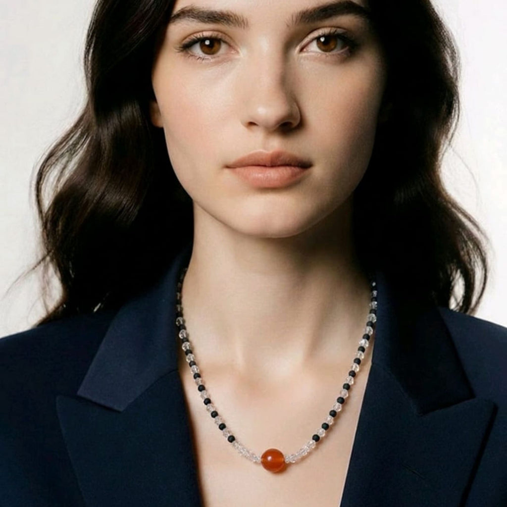 Black Glass Bead Necklace with Carnelian – Elegant Minimalist Handmade Jewelry – Arctarus