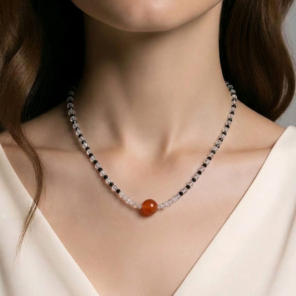 Black Glass Bead Necklace with Carnelian – Elegant Minimalist Handmade Jewelry – Arctarus