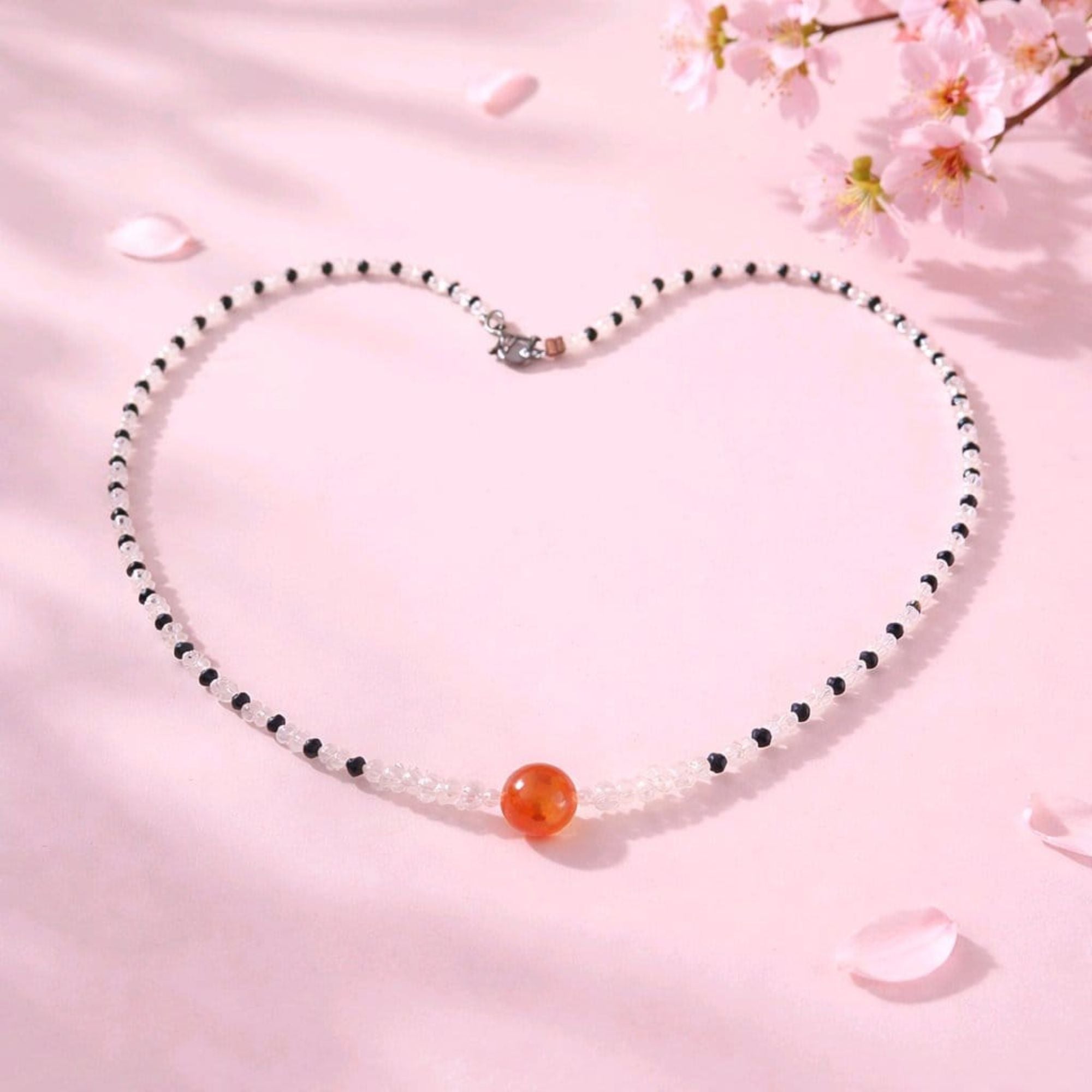 Black Glass Bead Necklace with Carnelian – Elegant Minimalist Handmade Jewelry – Arctarus
