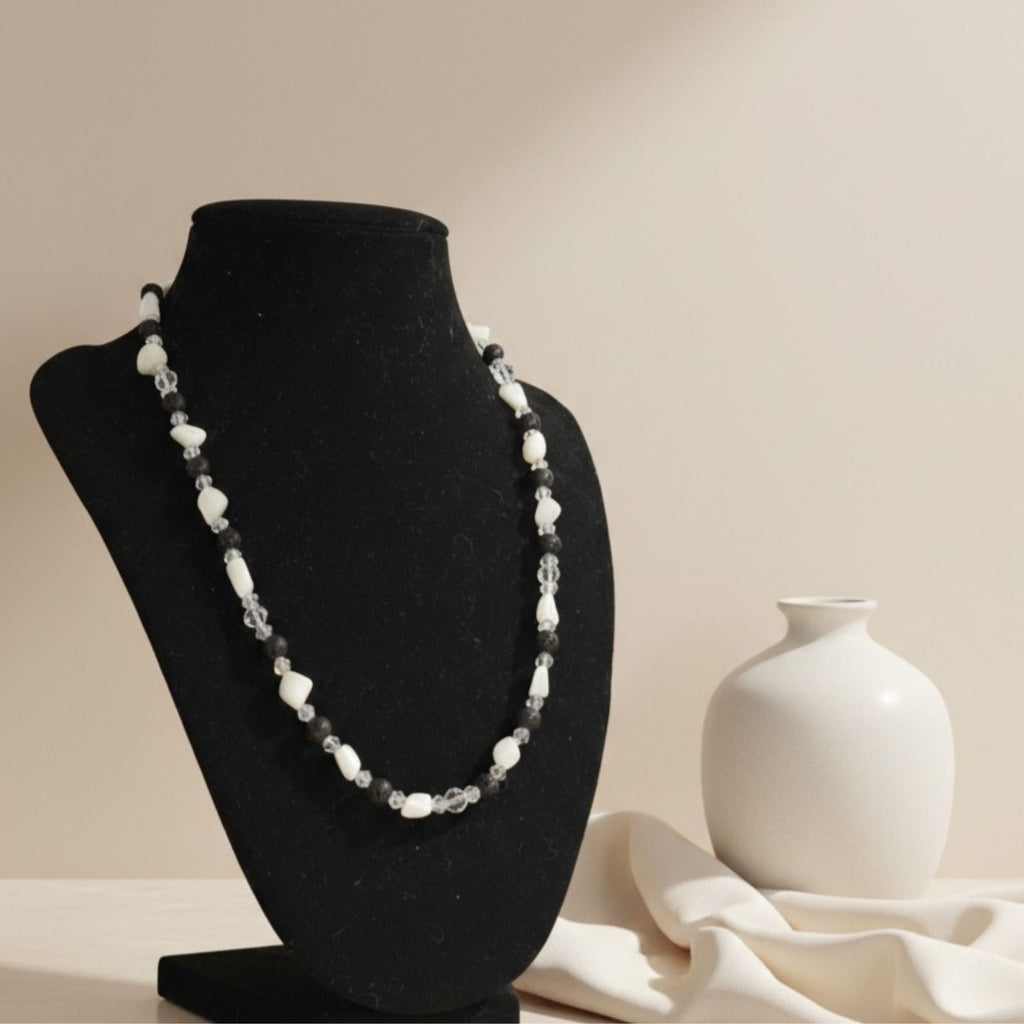 Black Lava & White Shell Necklace – Handmade Gemstone Jewelry for Women – Alnilam