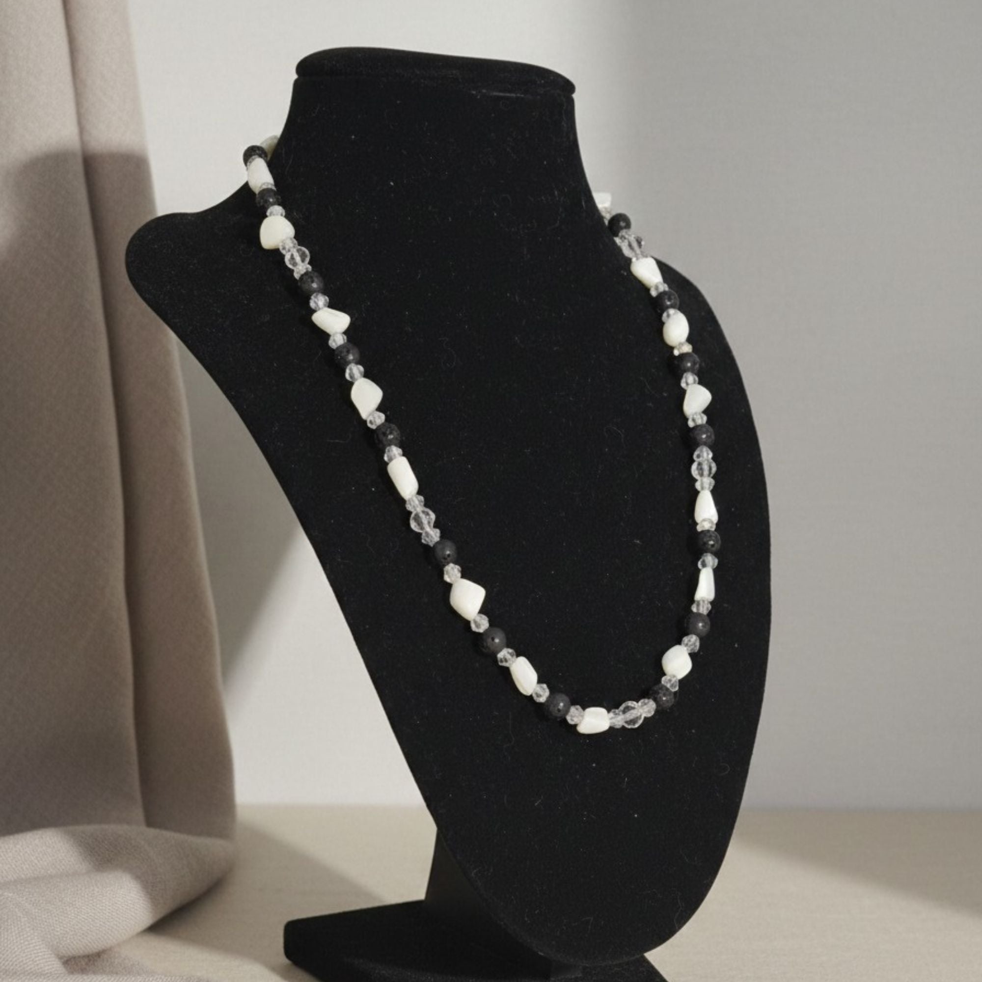 Black Lava & White Shell Necklace – Handmade Gemstone Jewelry for Women – Alnilam
