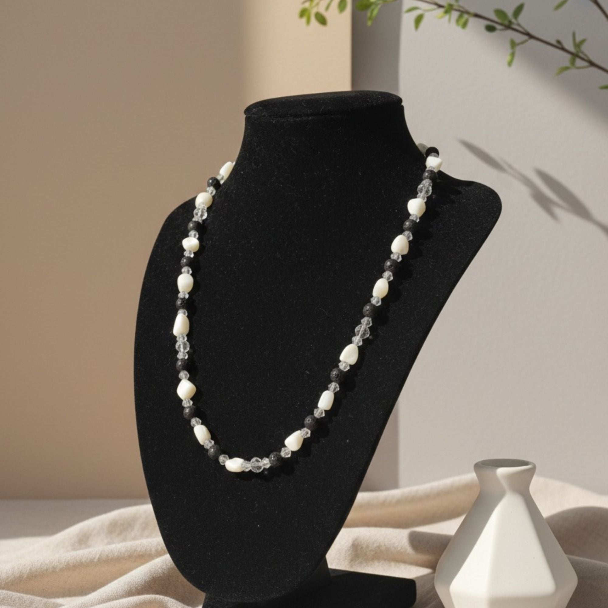 Black Lava & White Shell Necklace – Handmade Gemstone Jewelry for Women – Alnilam