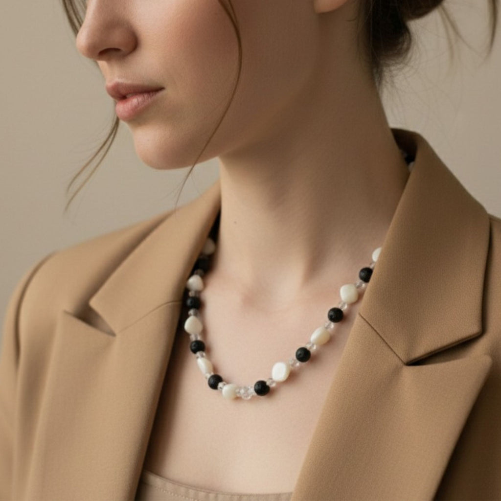 Black Lava & White Shell Necklace – Handmade Gemstone Jewelry for Women – Alnilam