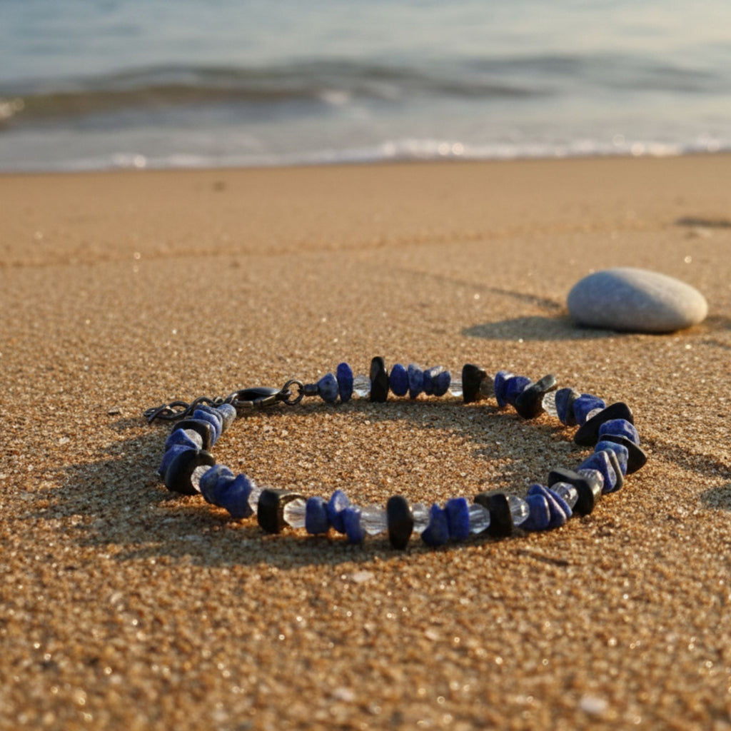 Lapis Lazuli, Onyx & Crystal Gemstone Bracelet – Handmade Royal Blue Jewelry – Blue Eclipse