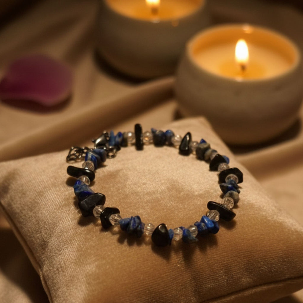 Lapis Lazuli, Onyx & Crystal Gemstone Bracelet – Handmade Royal Blue Jewelry – Blue Eclipse