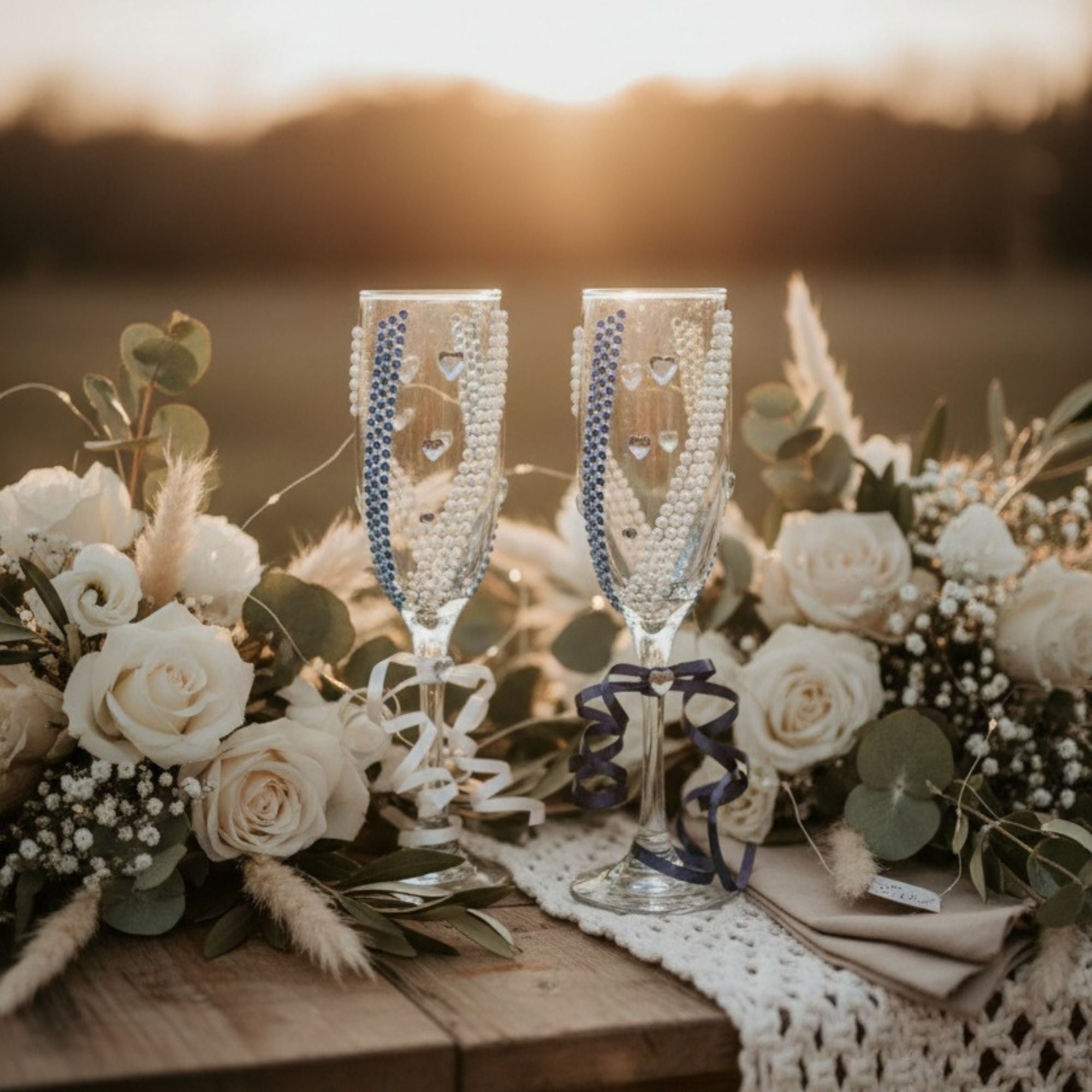 Blue Wedding Champagne Glasses with Pearls & Crystal Accents – Handmade Something Blue Bridal Toast Set – True Bliss